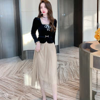 French Style Women Elegant Vintage Velvet Long Sleeve Square Collar Tops Coat Streetwear Female Casual Mesh Skirt 2 Pieces Set