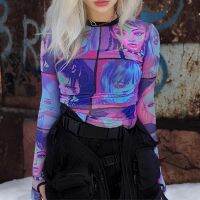 The new spring and summer fun personality printed t-shirts white gauze turtleneck collar perspective ladys wacky coat