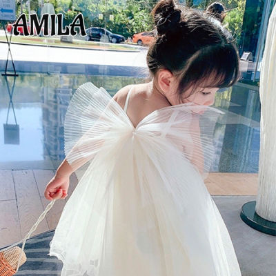 AMILA เสื้อผ้าเด็กสไตล์เกาหลีสำหรับฤดูใบไม้ผลิ/ฤดูใบไม้ร่วง/ฤดูร้อน2023ชุดนางฟ้าชุดเดรสมีปีกโบว์ขนาดใหญ่สำหรับเด็กผู้หญิง