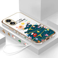 เคสใส่โทรศัพท์สำหรับ OPPO ฟรีสายคล้อง A38 A18 + ต้นการ์ตูนคริสต์มาสขอบสี่เหลี่ยมลายเคสชุบเคสโทรศัพท์นิ่มชุบหรูหราเคสโทรศัพท์