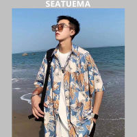 SEATUEMA ฤดูร้อนย้อนยุคเสื้อลายดอกไม้ผู้ชายแขนสั้นแนวโน้ม ruffian หล่อสไตล์ฮ่องกงหลวมฮาวายชายหาดเสื้อบาง