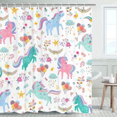 【CW】✈  Unicorn Shower Curtain Kids Cartoon Fantasy Colorful Baby Fabric