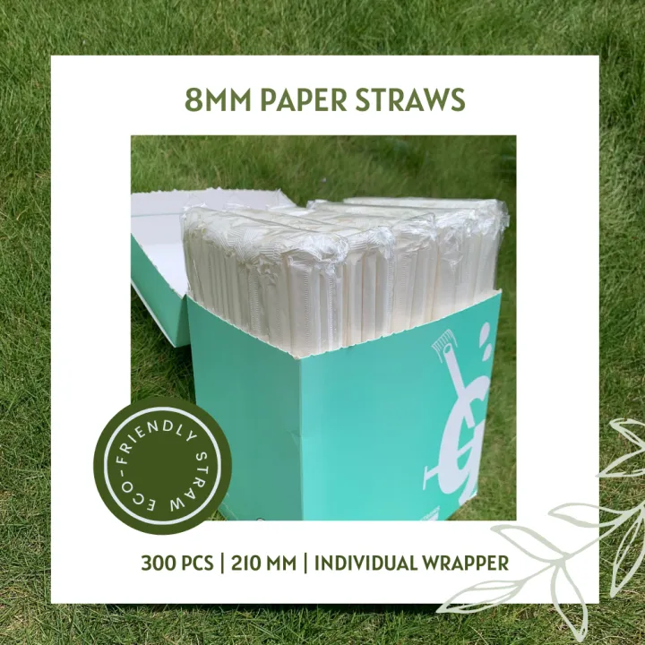 8mm x 210mm Paper Straw White with Individual Wrapper Sharp End Bevel Cut (300 PCS)