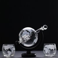 Whiskey Decanter Globe Wine Aerator Glass Set Sailboat Skull Inside Crystal with Fine Wood Stand Liquor Decanter for Vodka Cup Bar Wine Tools