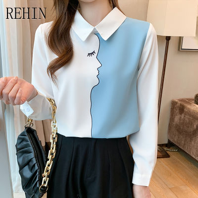 REHIN เสื้อเชิ้ตผ้าชีฟองสำหรับผู้หญิง,เสื้อแขนยาวช่องพิมพ์ลายใหม่แฟชั่นสไตล์เกาหลีสำหรับฤดูใบไม้ผลิ