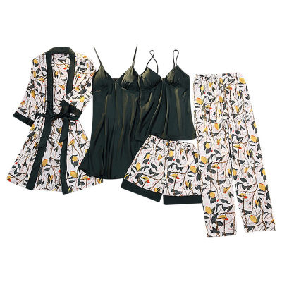 5pc Ladies Fashion Print Sexy Pajama Set, Comfortable High Quality Homewear Five-piece Set, Home Casual Sling Pajama Set