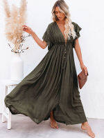 Beach Maxi COVER UPS ชุดสตรีแฟชั่นฤดูร้อนเซ็กซี่ COVER UPS หญิง Boho ชุดยาวสีเขียว ruffle สุภาพสตรีชุด2023