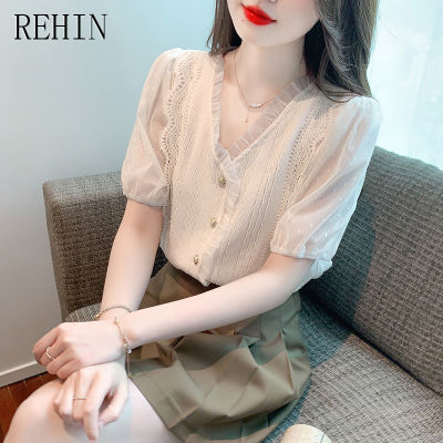 REHIN เสื้อเบลาส์คอวีสำหรับผู้หญิง,เสื้อเบลาส์แขนสั้นหรูหราฉบับภาษาเกาหลีอเนกประสงค์แฟชั่นใหม่ฤดูร้อน
