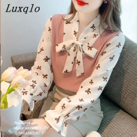 Luxqlo เสื้อแขนยาวถักคอวีฉบับภาษาเกาหลีผู้หญิง,เสื้อถักชีฟองลายจุดผูกโบว์หวานใหม่เสื้อหรูหรา