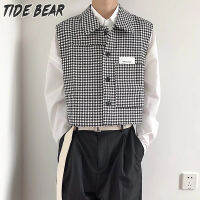 TIDE BEAR เสื้อกั๊กผู้ชายสำหรับวัยรุ่นเสื้อคอปกแบบไม่มีกระดุมแถวเดียวสำหรับตกแต่งเสื้อกั๊กสไตล์ฮาราจูกุแบบเรียบง่ายทันสมัย