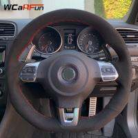 Wcarfun ฝาครอบพวงมาลัยรถยนต์หนังกลับสีดำแบบกำหนดเองสำหรับ Volkswagen Golf 6 GTI MK6 VW Polo GTI Scirocr Passat CC R-Line 2010