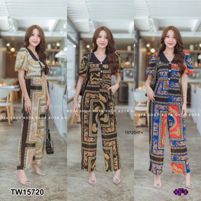 TW15720 Jumpsuit จั้มสูทขายาว คอบัวแขนพองเนื้อผ้าชีฟองพิมลายกราฟฟิก