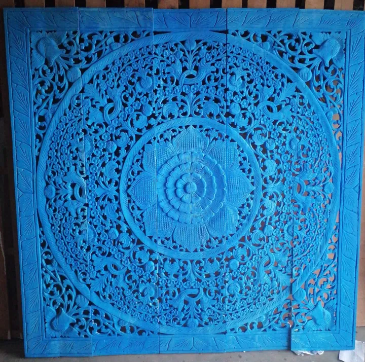 Blue mandala headboard queen wooden panel 150 x 150 cm teak wood carved plaque wall art hanging