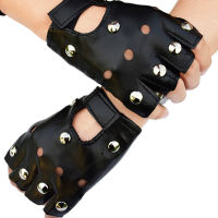 Follow Get New[Beautiful SS] หนังถักถุงมือสั้นสีดำ rivets สตั๊ดครึ่งนิ้วถุงมือแฟชั่น