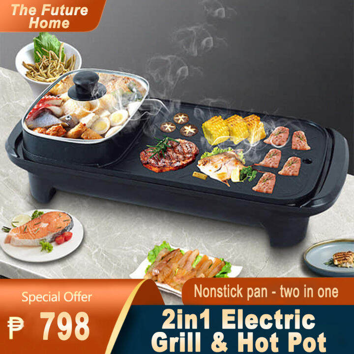 2in1 Electric Grill & Hot Pot Non-stick Indoor Baking Flat Pan Hotpot ...