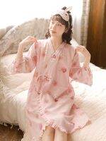 ◊◕ Sleep Island Japanese-style nightgown womens summer thin section pure cotton gauze large size tie pure desire style kimono nightdress dressing gown