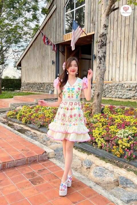 whan-jai-vintage-dress-เดรสพิมพ์ลายดอกไม้เเต่งผ้าจับดอกไม้สีชมพูหวานๆ-สะโพกฟรีไซส์สาวๆไม่ต้องกังวลเลยจ้าใส่สวยน่ารักสุดๆ