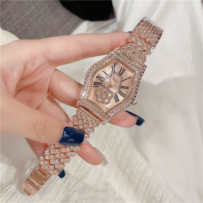 นาฬิกาแฟชั่นผู้หญิง2023ใหม่นาฬิกาผู้หญิงเพชรเต็มถังสีทองนาฬิกาควอตซ์