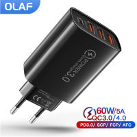 Olaf 60W USB Charger Quick Charge 3.0 4 พอร์ต PD Fast Charger Type C สําหรับ iphone Huawei Xiaomi Samsung Wall Travel EU US Plug