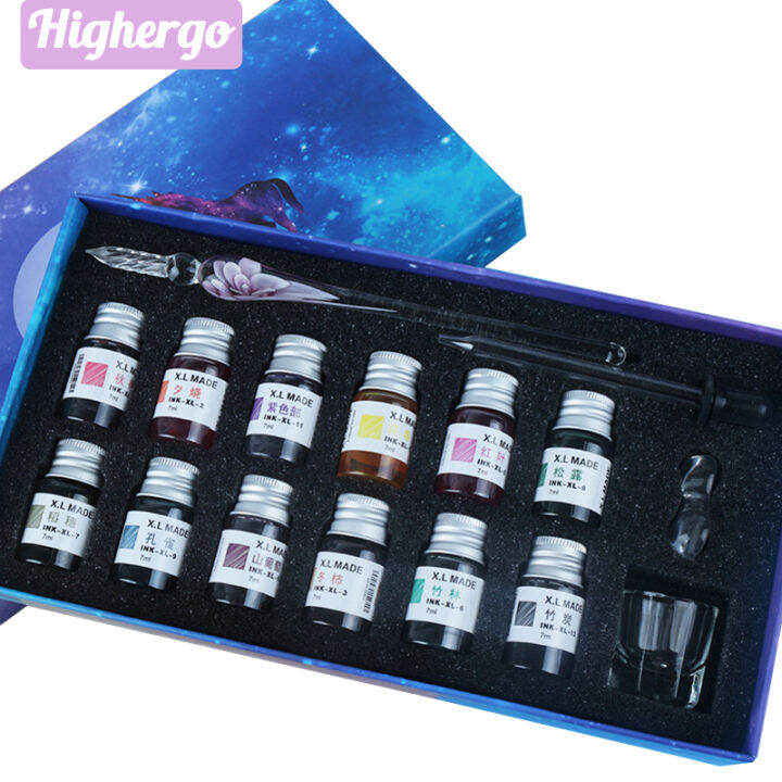 highergo-16pcsbox-3d-flower-glass-pen-ink-set-crystal-dip-pen-calligraphy-kits-for-gift-writing-drawing-signature-art-supplies