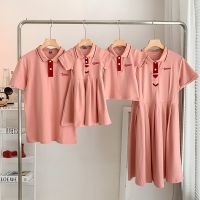 (KTL)2023 New Parent-child Summer Dress Mother Daughter Dress Fashionable Family Of Three Japanese Polo Neck Short Sleeve T-shirt