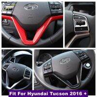 แถบกรอบรูปตกแต่งแต่งกระดุมพวงมาลัยรถยนต์สำหรับ Hyundai Tucson 2016-2020อุปกรณ์ตกแต่งภายในสีแดง/คาร์บอนไฟเบอร์