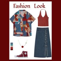 Summer suit female 2023 new style wearing retro printed short-sleeved shirt slim denim skirt three-piece