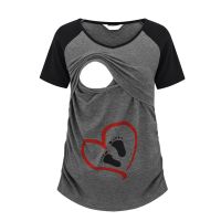 Women Baby Foot Prints Maternity T-Shirt Funny Print Side Ruched Pregnancy Nursing Short Sleeve Top Women Breast Feeding Tops