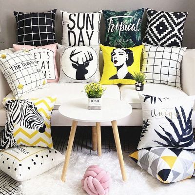 【SALES】 Nordic black and white pillowcase geometric ins modern minimalist plaid stripe cushion living room sofa bed head pillow