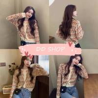 DD SHOPพร้อมส่ง 1940 เสื้อไหมพรมแขนยาว กระดุมแกะได้ ลายดอกไม้น่ารักปุกปิก