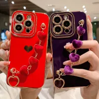 {L electronic shell} หรูหราชุบรักสร้อยข้อมือสายคล้องโทรศัพท์ Case สำหรับ iPhone 11 12 13 14 Pro Max X XR XS หัวใจที่ดีกรอบบน7 8 Plus SE โซ่ปก