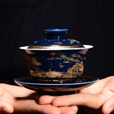 หรูหราเซรามิก Gaiwan ถ้วยน้ำชาที่ทำด้วยมือชาหม้ออบชามจีนพอร์ซเลนสีฟ้าและสีขาว T Eaware อุปกรณ์ Drinkware 150มิลลิลิตร