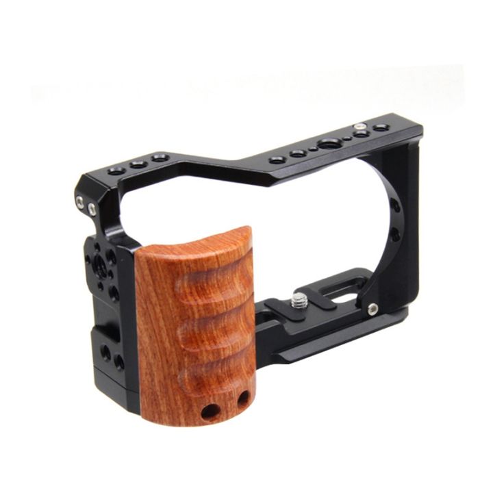 aluminum-alloy-camera-cage-stabilizer-with-wooden-handle-grip-for-sony-zv-e10-protector-cover-with-cold-shoe-mount