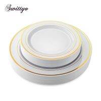 10pcs/lot Disposable Plastic Plates Round Gold Rim PS Circle Design Wedding Party Chargers Dessert Salad Dish Silver Tablewares