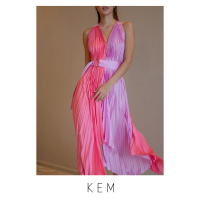 Kemissara Eva Dress 2Tone Candy Pink เดรสพลีตผู้หญิงโก้เรียบ บีชเดรส เดรสชายทะเล เดรสยาวผ้าพริ้วสบาย เดรสปล่อยสบายมีสายคาดเอว