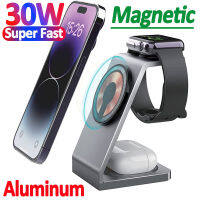 30W 3 In 1 Magnetic Wireless Charger Stand โปร่งใส Fast Charging Station สำหรับ 12 13 14 Pro Max