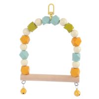 Wood Parrot Swing Chewing Toys Hanging Bird Cage Toys with Colorful Beads Metal Bells for Small Finches Budgie Macaws