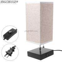 Wood Base Fabric Shade Bedside Table Lamp With USB Port &amp; Pull Switch Modern Design