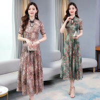 ผู้หญิงแต่งตัวลายดอกไม้กลางความยาวสลิมมิ่งชุด Cheongsam แขนสั้น【fast】