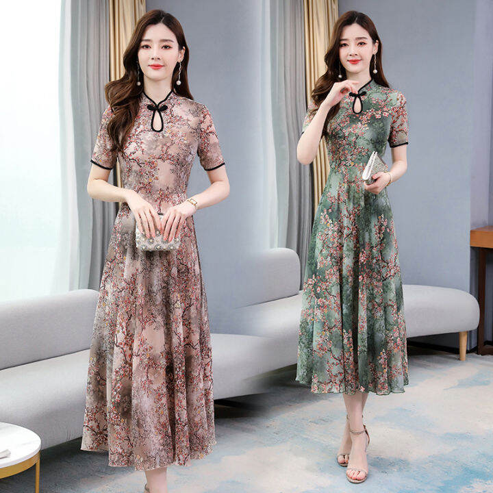 huax-เสื้อผ้ากุลสตรีรูปแบบดอกไม้กลางความยาวสั้น-ชุดกีเพ่าแขนสั้นชุดสี-สีเขียวขนาด-m