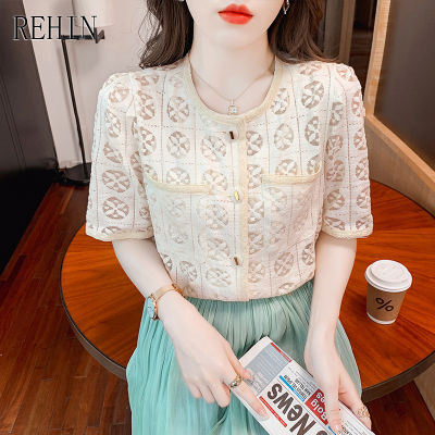 REHIN Women S Top French Retro Round Neck Short-Sleeved Shirt Summer Loose Hollow Lace Blouse