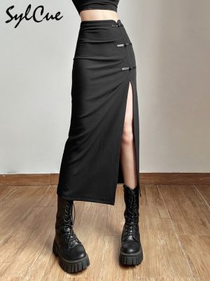 Sylcue Black Sexy Split Simple Casual All-Match Hot Street Outing Cool Mature Vitality Personality Trend Basic WomenS Skirt