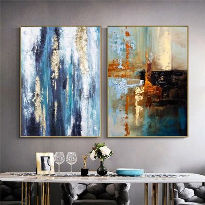 บทคัดย่อ Golden Blue Modern Art ภาพวาดสีน้ำมันบนผ้าใบ Wall Decor โปสเตอร์และพิมพ์ Nordic ภาพ Cuadros สำหรับห้องนั่งเล่น New