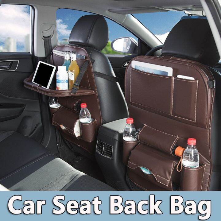 Leather Car Seat Back Organizer Foldable Table Tray Travel Storage