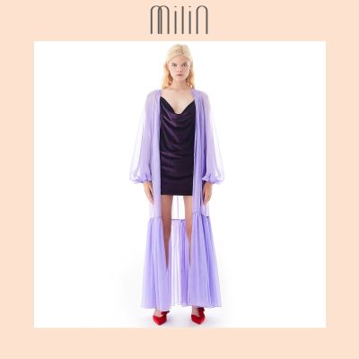 [MILIN] Balloon sleeve robe with ruched hem detail เสื้อคลุม ตัวยาว ผ้าชีฟองโปร่ง แขนทรงบอลลูน Violet/ Beige สีม่วง/ สีเบจ Gong He Robe