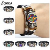 Autism Awareness Leather Bracelets Multilayer Red Ribbon Puzzle Love Braided Bracelets Bangles Glass Dome Unisex Jewelry Gifts Charms and Charm Bracel
