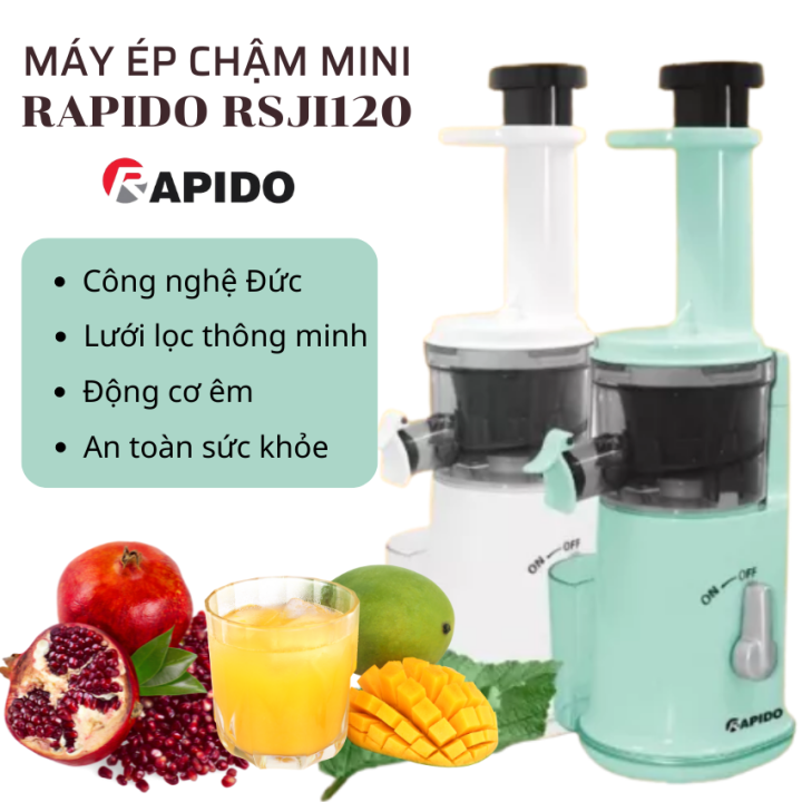 Máy ép chậm Mini Rapido RSJ120 dung tích 120ml, ép được tất cả các loại hoa  quả, nước ép không bị phân tầng, ép kiệt bã, Lưới lọc thông minh bằng nhựa