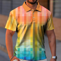 【high quality】  Gradient Button Regular Polo Shirt Plaid Print Mens Summer Shirt Mens Fashion Short Sleeve Casual Large size：s-6xl