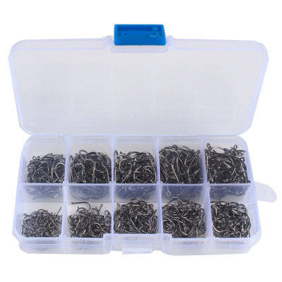 1000PCS Fishhooks ตะขอปลาพร้อมหนาม10ขนาดตะขอตกปลาเหล็กคาร์บอนพร้อมกล่องเก็บของแบบพกพา