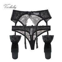 Varsbaby Sexy 3Pcs Garters + Thongs + ถุงน่องลูกไม้โบว์ชุดชั้นในโปร่งใส SML XL สีดำ/ ขาว/ชมพู